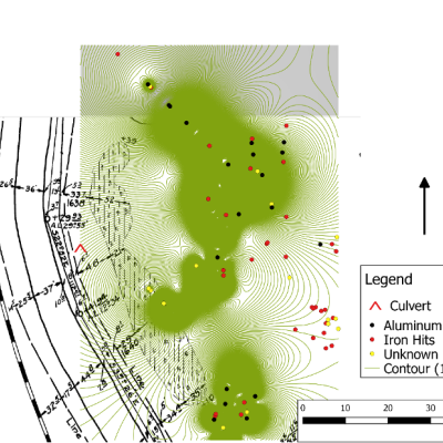 Map of project area showing metal detector “hits” overlaid onto a contour map and the Akron Sewer Pipe map