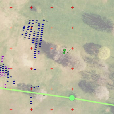 Features in blue were seen in the drone survey and the surface survey. Those shown in purple were only seen in the surface survey.